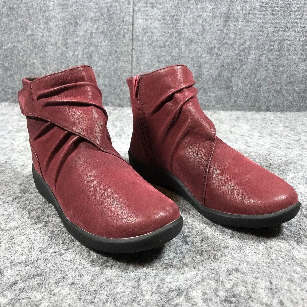 Clarks Cloudsteppers Ankle Boots Womens 8 M Red Leather Side Zip Comfort Booties